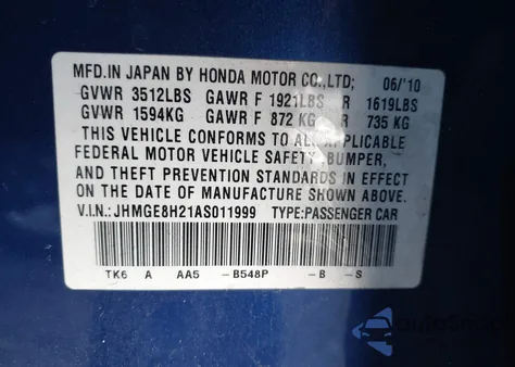 2010 Honda Fit из США, поврежденный, VIN JHMGE8H21AS011999